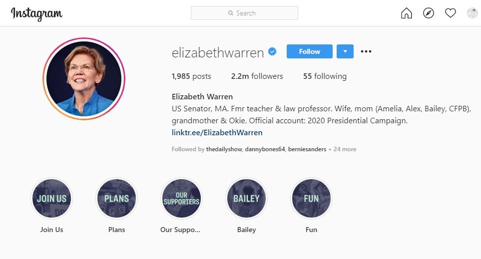 social media and political campaigns: Elizabeth Warren on Instagram