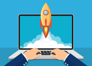 Rocket launching on a web page of an open laptop