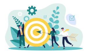 Businesspeople driving arrow to goal. Successful professional team hitting target. Vector illustration for challenge, aim, achievement, teamwork, business, marketing concept