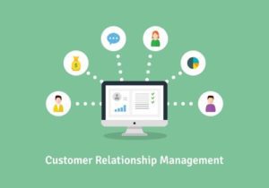 computer graphic of a computer and icons describing what crms are for