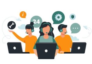 grahic o fpeople working at desks with various icons of tools needed for communication