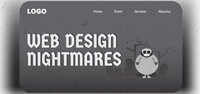web design nightmares written over an image of fat guy logo in a mask