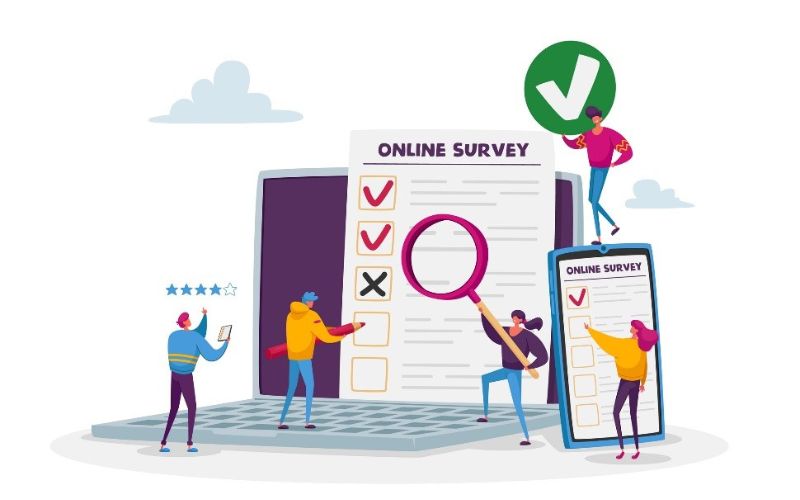 vector image of people holding up an online survey