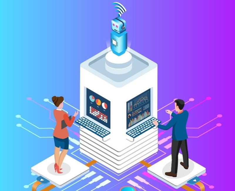 vector image of two people generating ai images from a big computer