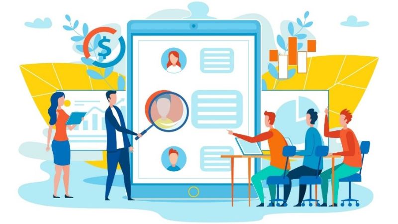 drawing of people discussing customers on a web page