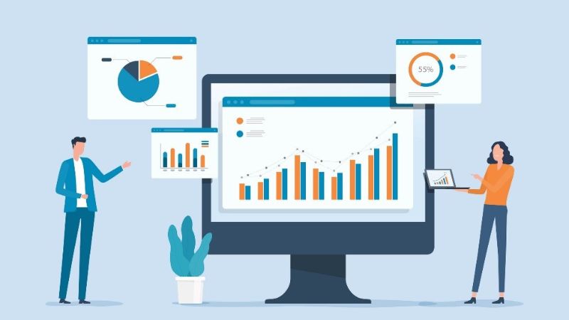 marketing vector, two people standing next to a computer monitor with pie charts and graphs