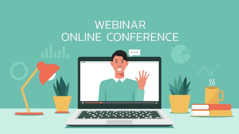 vector image of a person saying hello with webinar online conference written below it