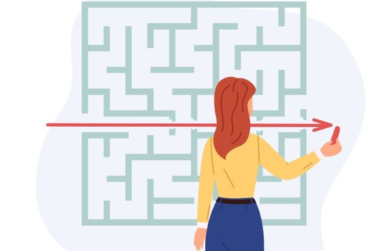 vector image of a woman drawing a straight line through a maze