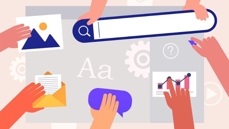 vector image of hands placing elements of website together
