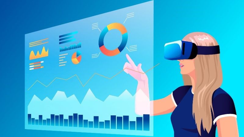 vector image of a woman using vr headset and looking at analytics