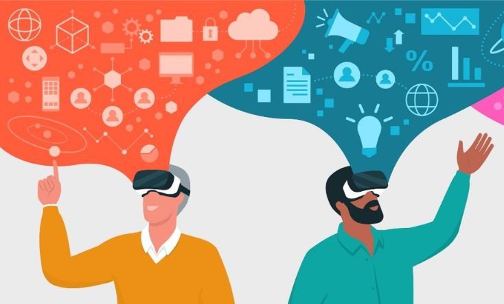 vector image of two people wearing vr headsets looking up at icons of things