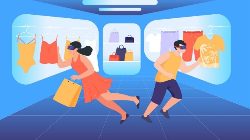 vector image of two people floating in virtual reality shopping for clothes