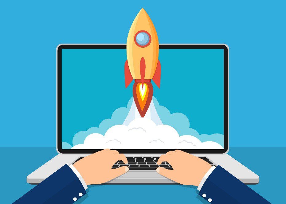 vector image of a rocket launching off a laptop