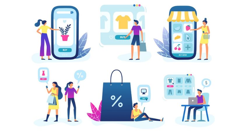 vector images of different mobile devices with people shopping