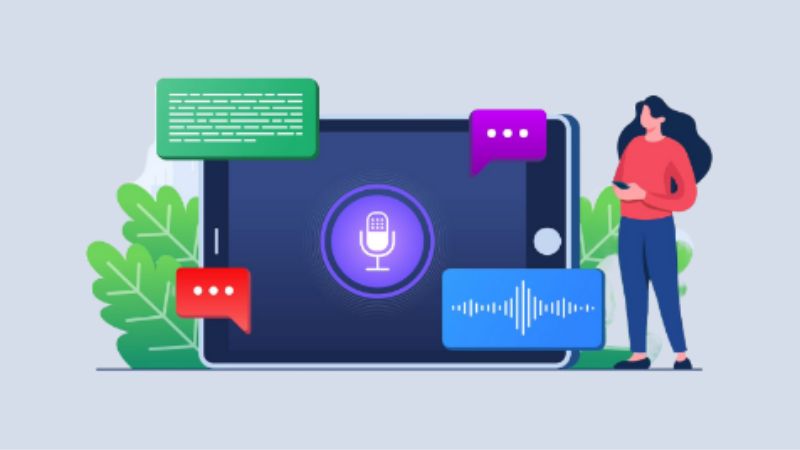 vector image of a woman standing next to a tablet with voice windows around her