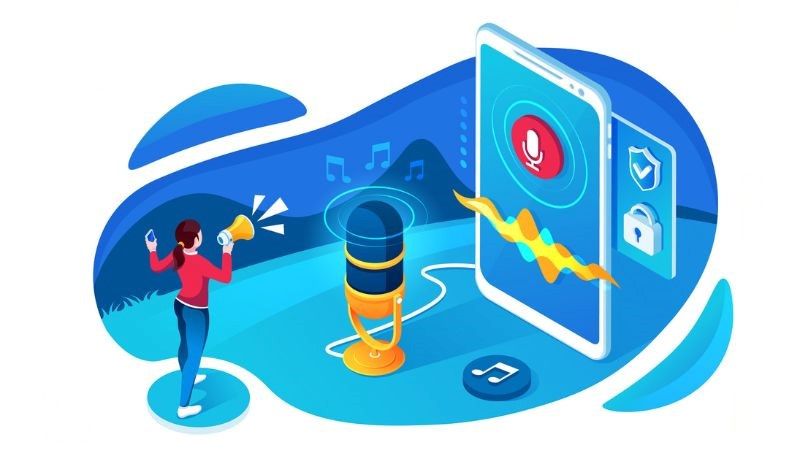 vector image of a woman yellling through a megaphone into a microphone 