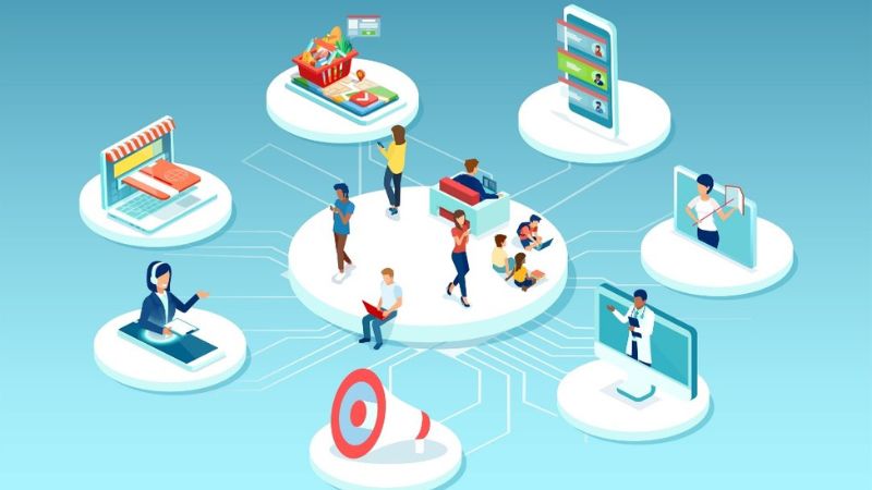 vector image of people sitting around social media images