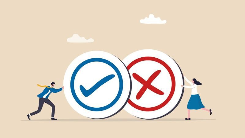 vector image of a man pushing a check mark and a woman pushing an x toward each other