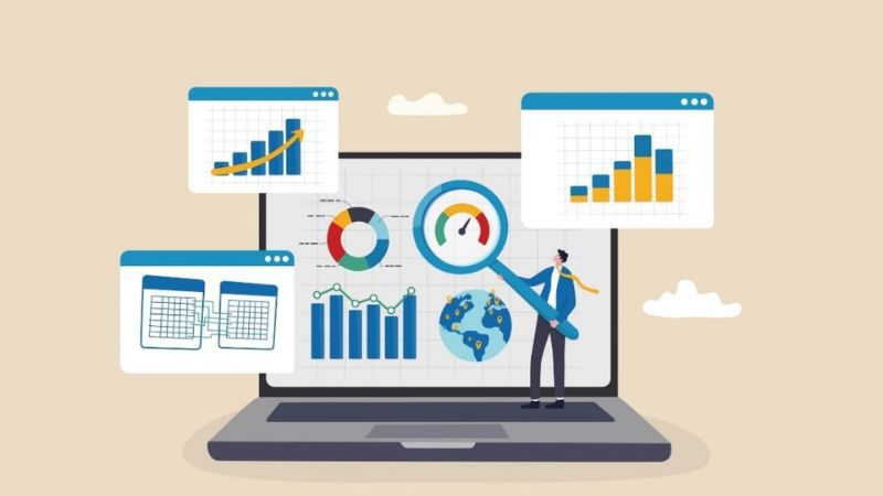 vector image of graphs and charts on a laptop