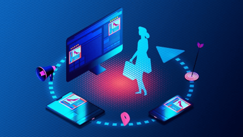 vector image of a woman walking with marketing icons and attempts revolving around her