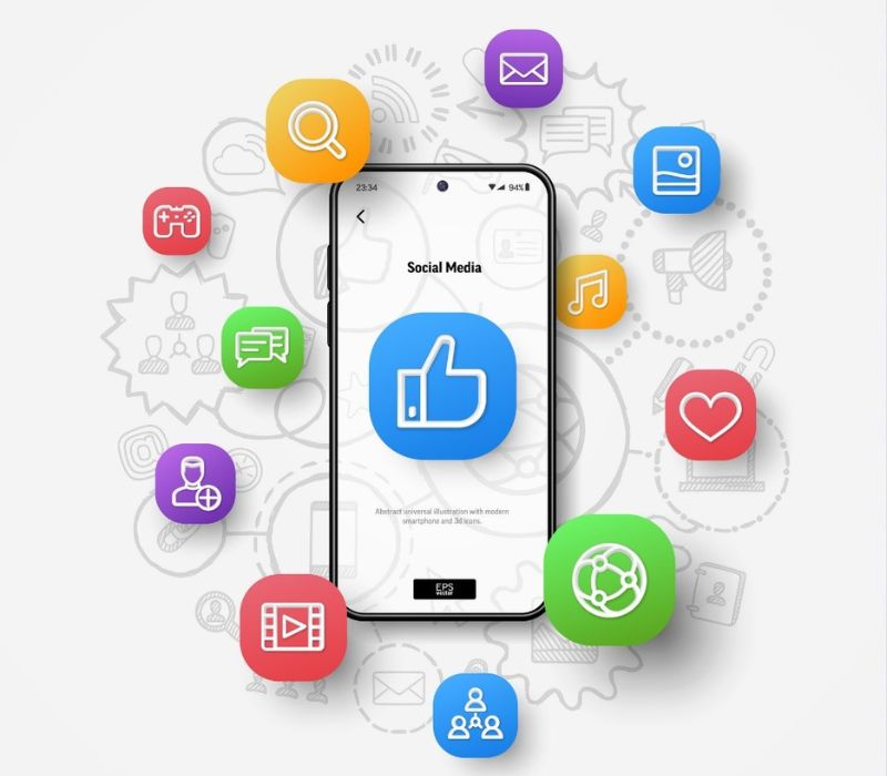 an image of a cell phone with social AP icons all around it