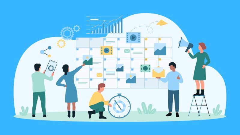 vector image of people standing in front of a calendar planning out content