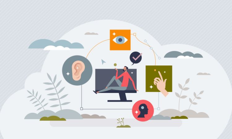 Web accessibility and assistance for disabled users tiny person concept. Deaf or blind patient easy browser or website usage vector illustration
