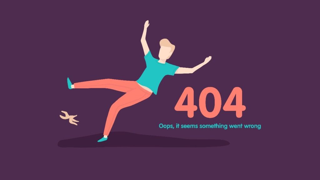 vector image of a guy slipping on a banana peel with text that reads 404 error