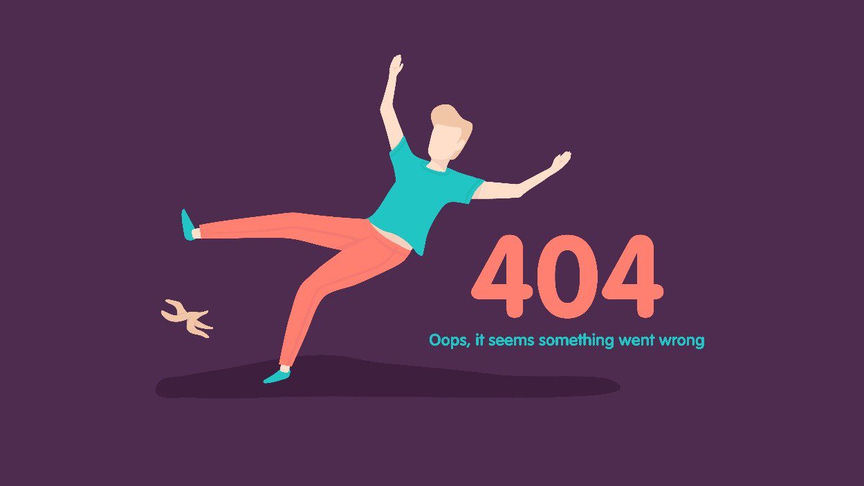 vector image of a guy slipping on a banana peel with text that reads 404 error