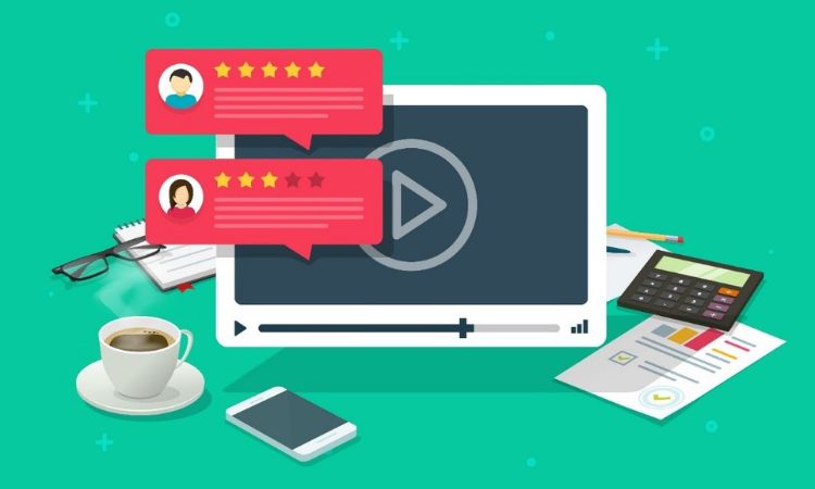 vector image of a laptop with testimonials on the screen
