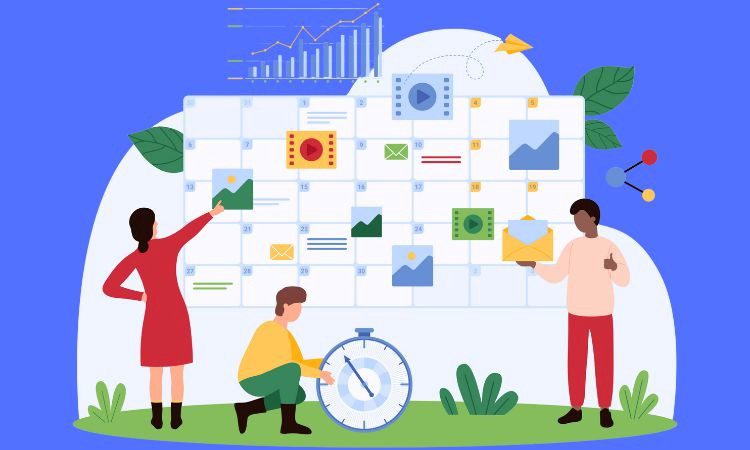 vector image of people planning out a large content calendar