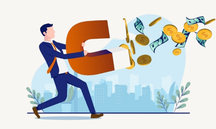 vector image of a man holding a magnet pulling in gold coins