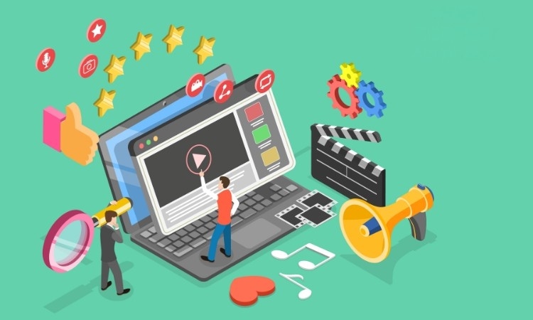 vector image of a laptop with a camera slate, positive indicators used on social platforms,