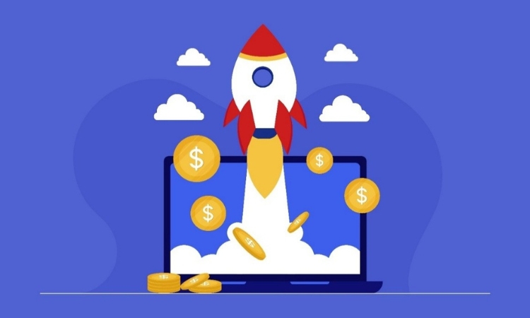 rocket heading straight up our of a laptop screen with gold coins and dollar signs around it