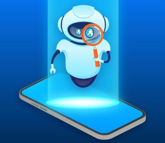 vector image of a robot on top of a cell phone with a magnifying glass
