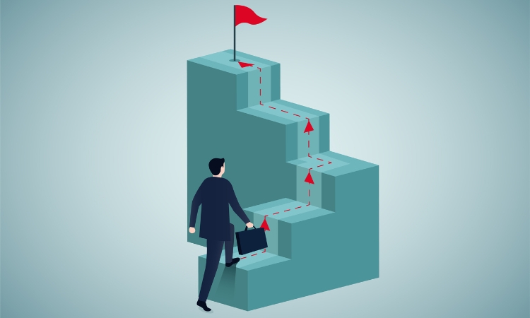 vector image of a man walking up stairs to reach a goal 