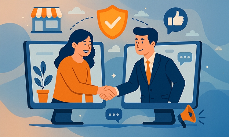 vector image of a person representing a customer shaking hands w a person shaking hands representing a brand
