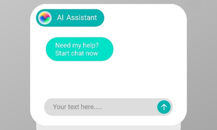 screen picture of a text that reads AI assistant up top with a message below that says Need any help? start chat now
