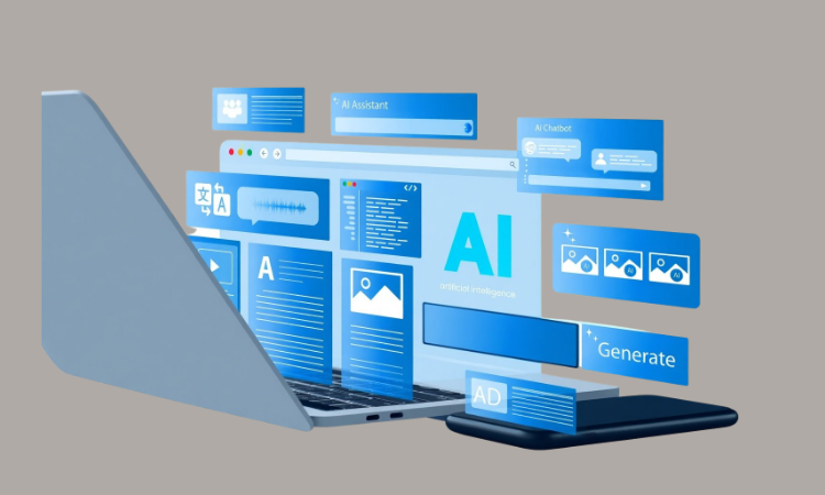 laptop show many different elements of a web design with "AI" written on some of them