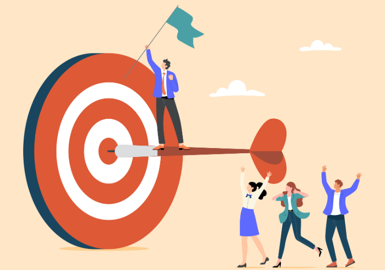 A vector image of a large dartboard with a dart in the bullseye, with a person standing on top of the dart with a flag waving