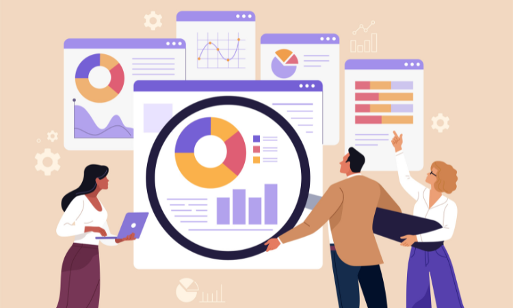 A vector image of a marketing team looking over graphs and charts 